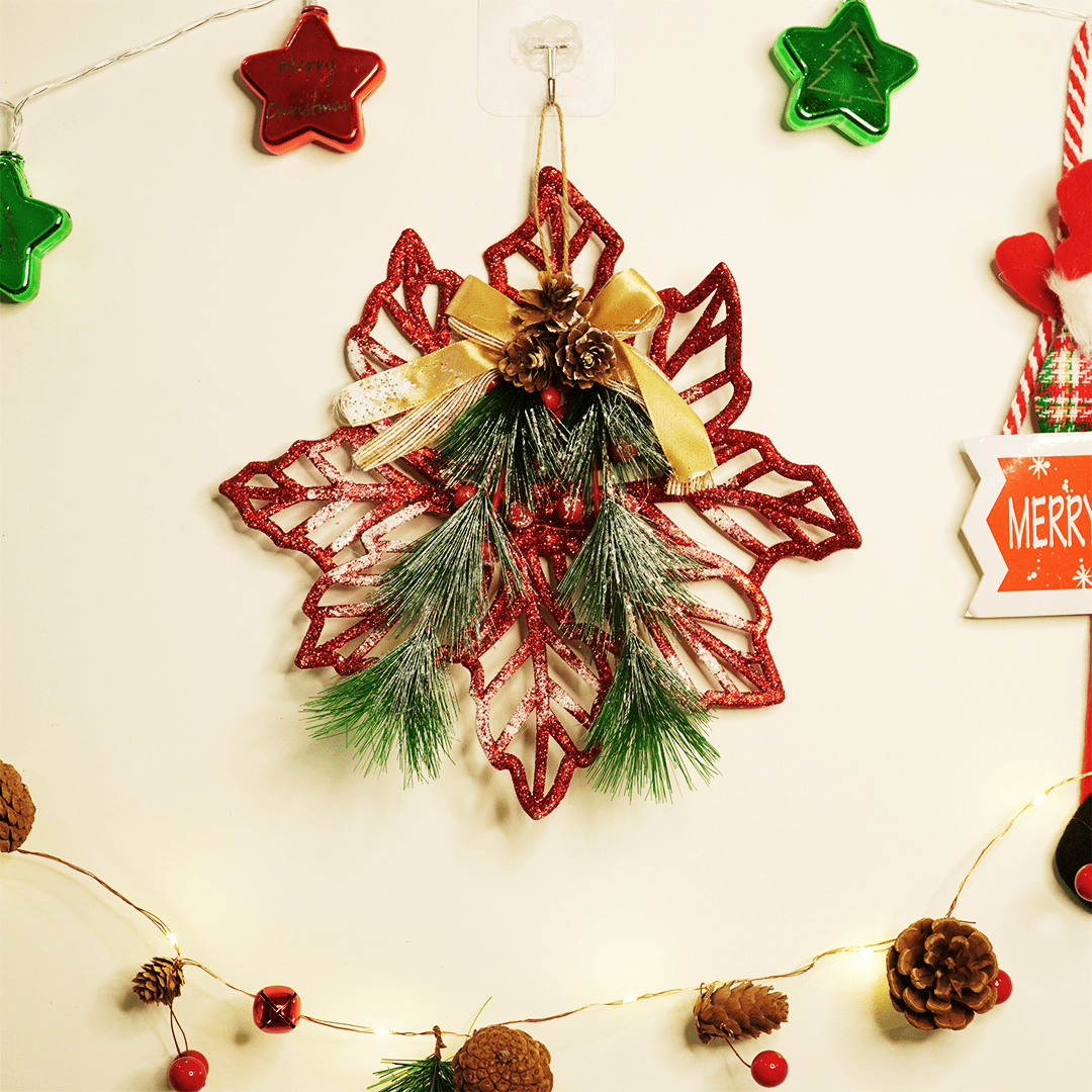 Elegant Christmas Snowflake Wall Hanging – Red Glitter With Pine Leaves & Golden Bow - Memories Insite